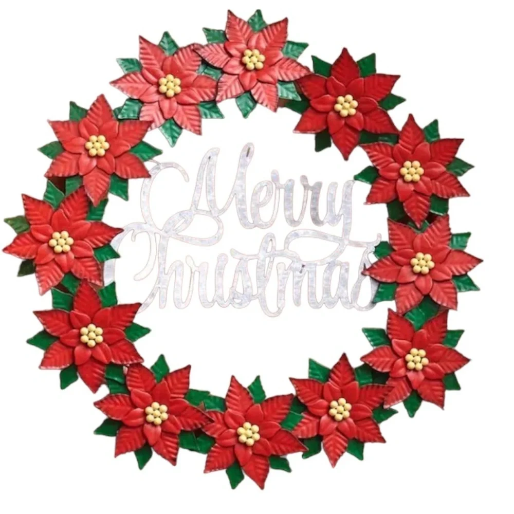 NIB Seasonal Metal Merry Christmas Poinsettias Wreaths